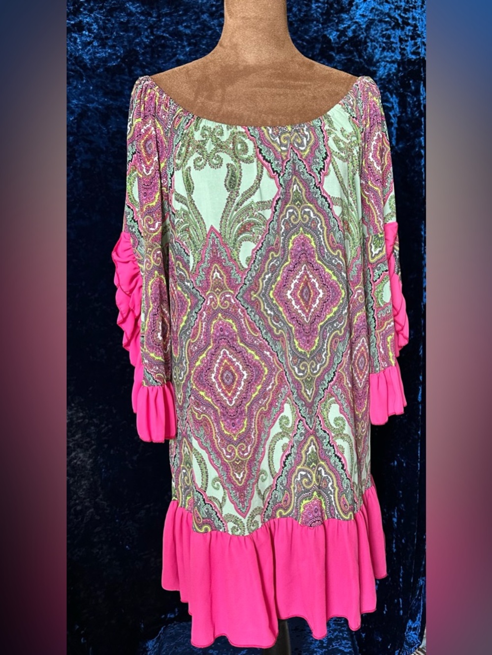 The Hanger Boho Bright and Vibrant Multi-Color Ruffle Tunic Dress